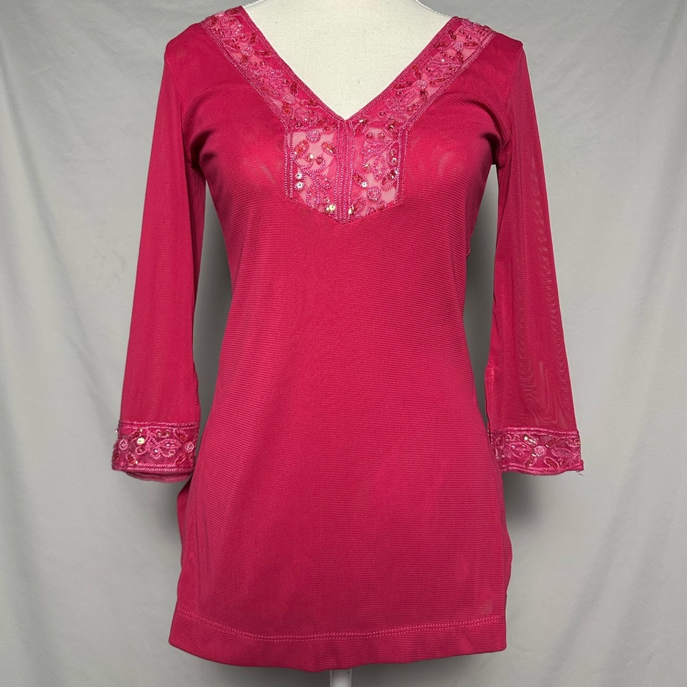 URBAN BEHAVIOR Y2K Pink Mesh Beaded Whismigoth Festival Vneck Long Sleeve Size S